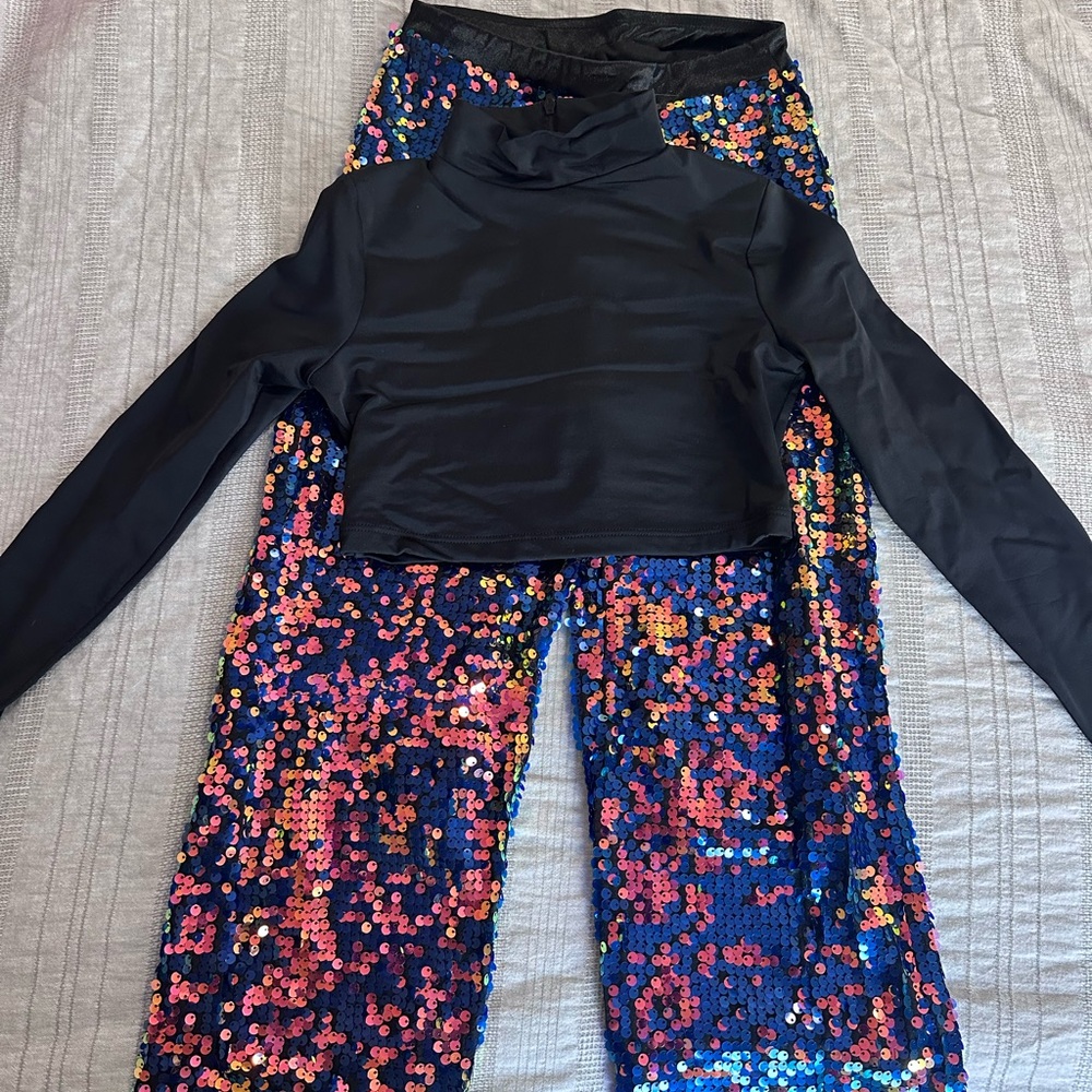 Weissman Black Top with Blue Sequin Pants Medium Child